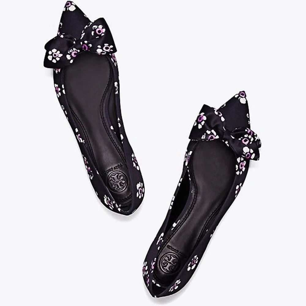 Tory Burch Ballet Flats Rosalind Black Floral Print Satin bow Size 11 NWT